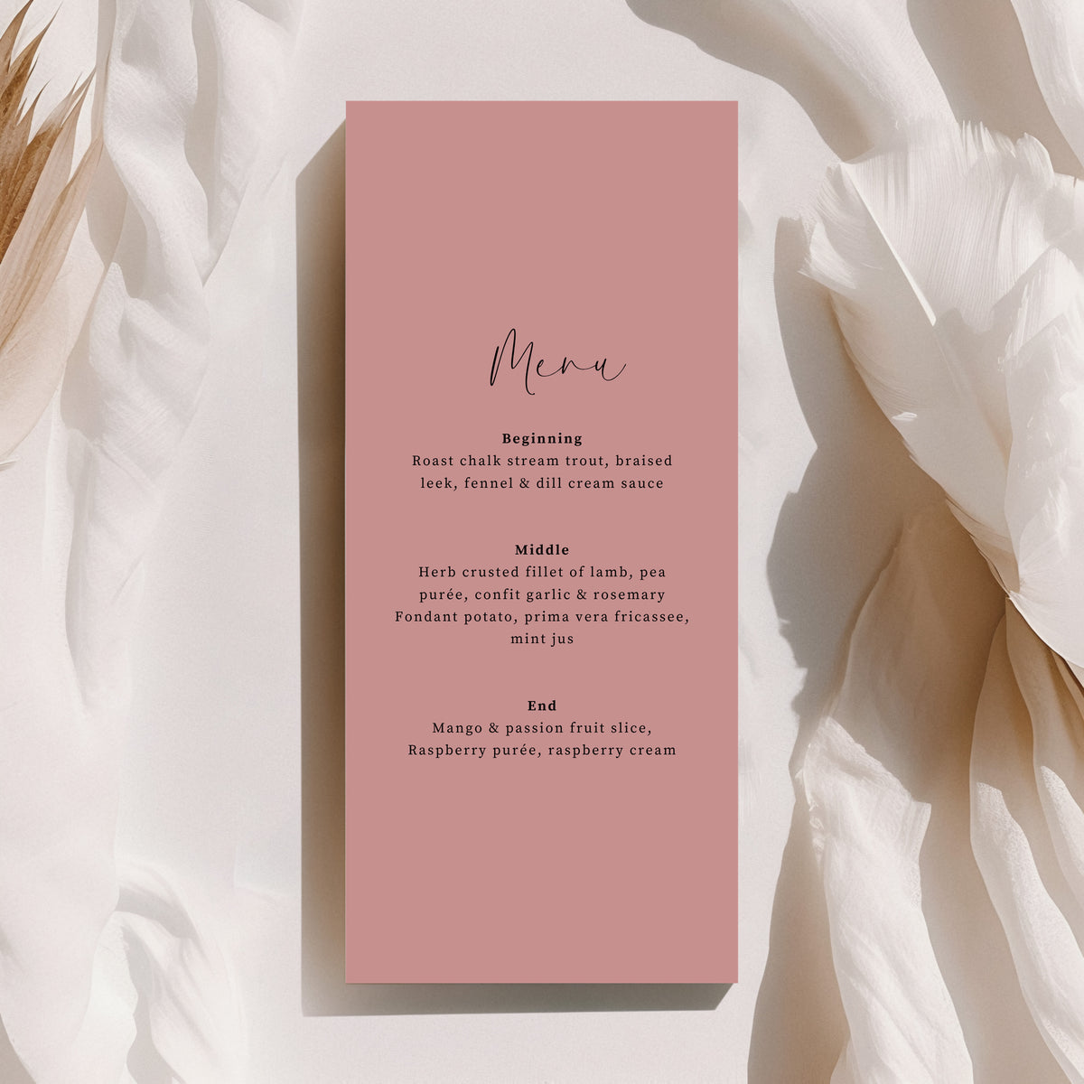 Willow blush pink wedding menu with minimalist wedding stationery design.