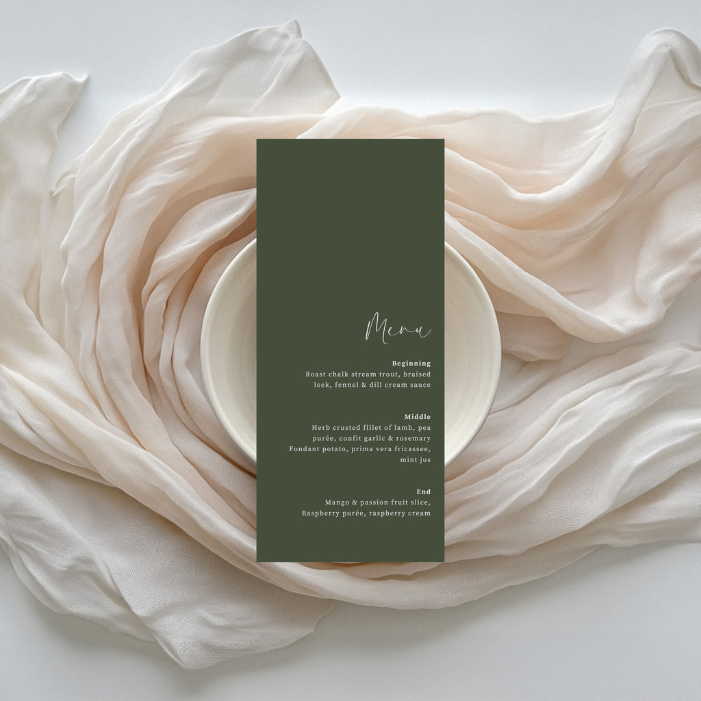 Willow personalised sage green wedding menu with modern typography.